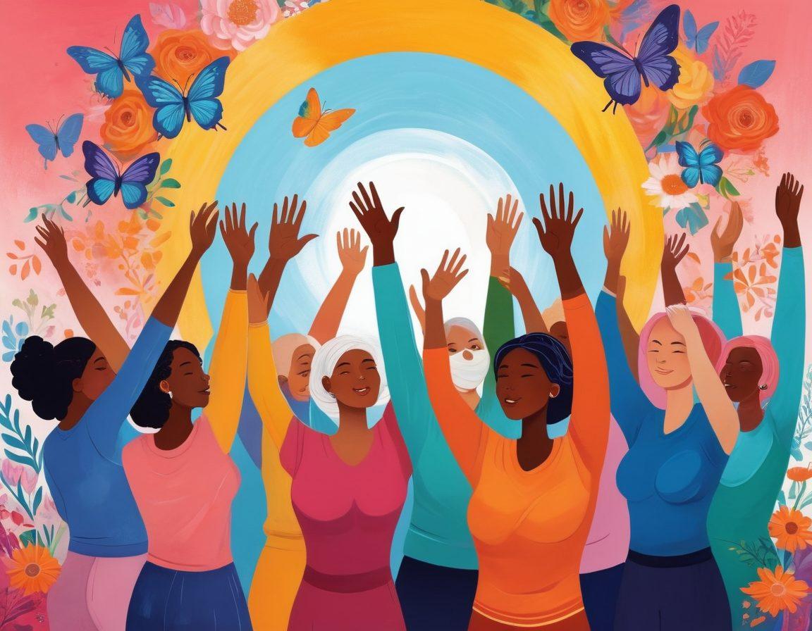 A vibrant illustration depicting a diverse group of cancer survivors engaged in a supportive circle, with hands raised in empowerment. Surrounding them are symbols of hope and strength, such as blooming flowers, butterfly motifs, and ribbons in various colors representing different cancers. The background radiates warmth and positivity, symbolizing resilience and community. Colorful banners with keywords like 'Hope', 'Support', and 'Advocacy' are suspended above them. painting. vibrant colors. uplifting atmosphere.