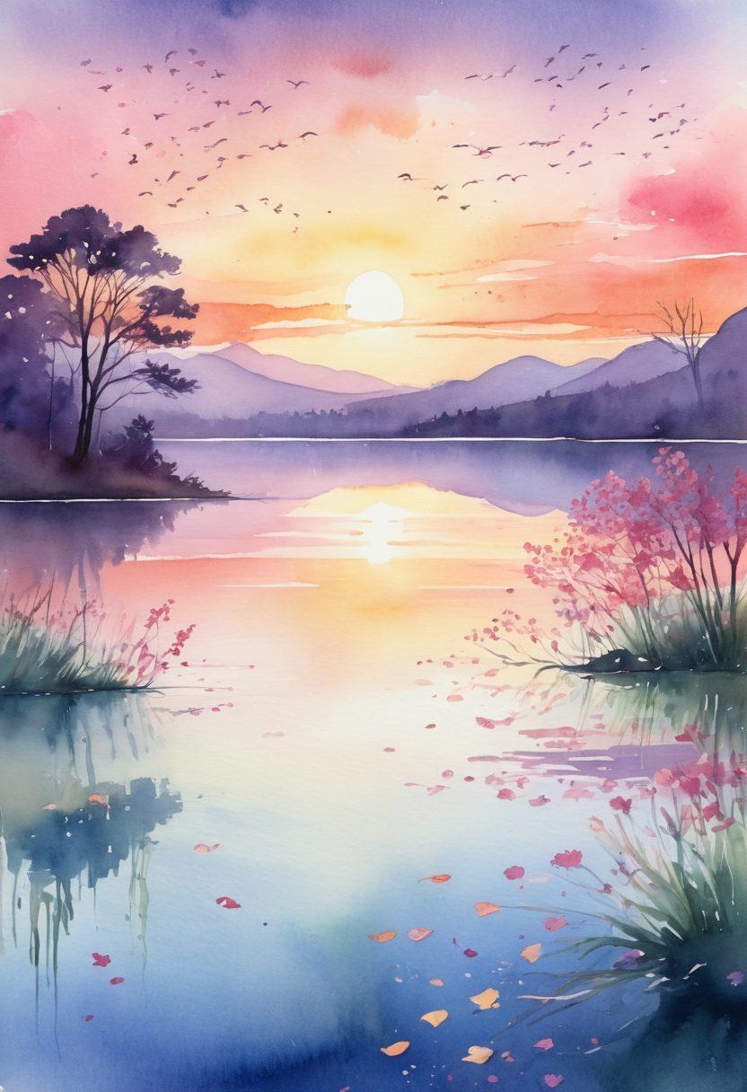 A serene landscape depicting a sunrise over a calm lake, symbolizing hope and recovery, with subtle imagery of ribbons representing cancer awareness gently floating in the air. Include silhouettes of diverse figures embracing life and wellness, with nature blooming around them, emphasizing community support. Soft, soothing colors for a peaceful atmosphere. watercolor painting. vibrant colors. inspirational mood.