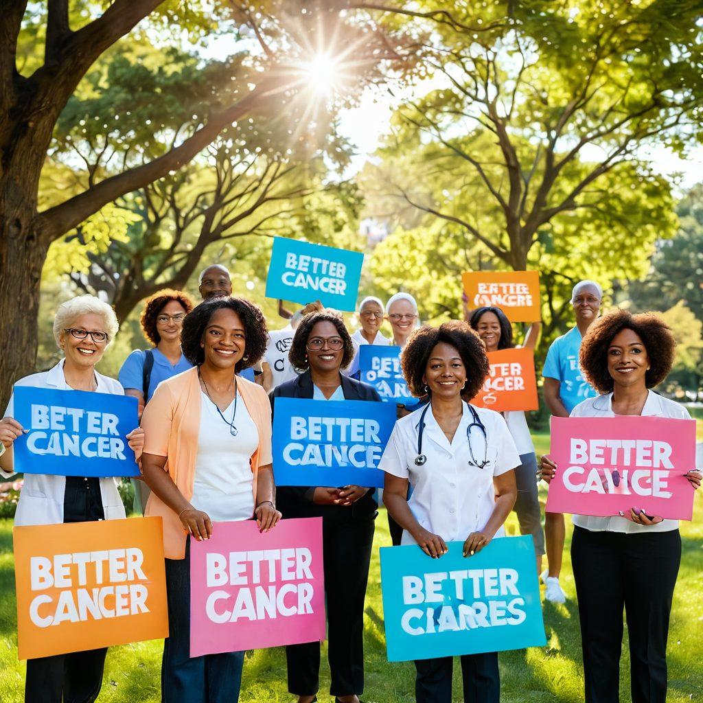 A diverse group of passionate advocates holding up colorful signs that say 'Better Cancer Care' and 'Awareness Matters' in a park setting, with sunlight filtering through trees, conveying hope and unity. In the background, icons of medical care like stethoscopes and ribbons symbolizing cancer awareness are subtly integrated. The scene captures energy and determination. vibrant colors. super-realistic.